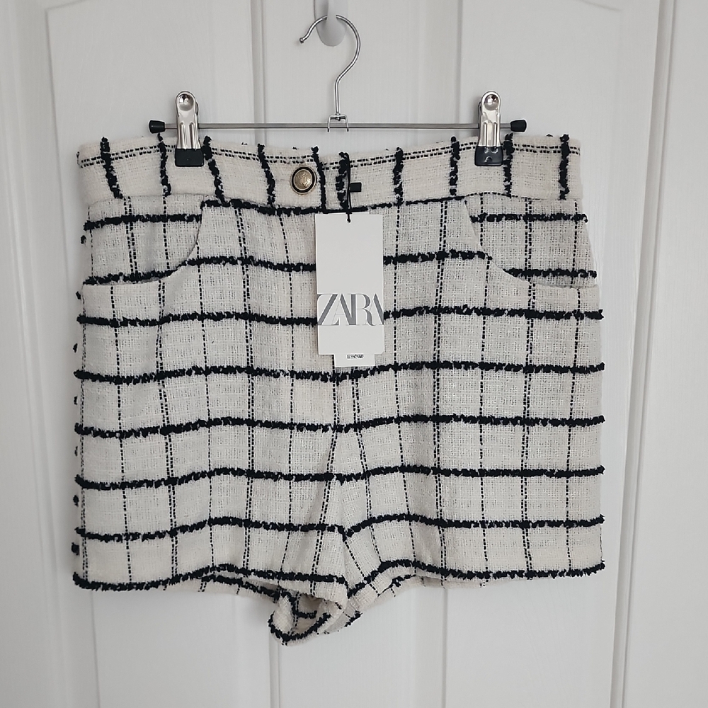 Zara Cream Tweed High-Waist Windowpane Shorts with Black Grid Design L